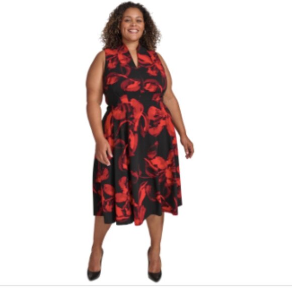 Calvin Klein Plus Size Printed Split-Neck Sleeveless Dress - Black Red - Picture 4 of 4